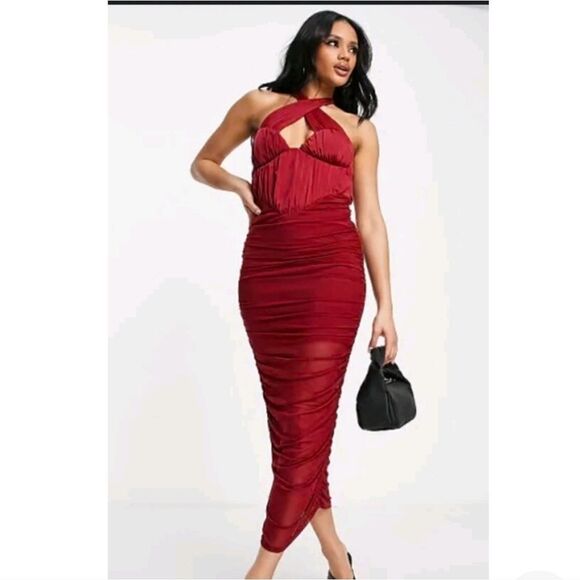 ASOS DESIGN Burgundy Bodycon Halter Mesh Ruched Midi Dress Stretch Women Size 8 - Picture 1 of 9